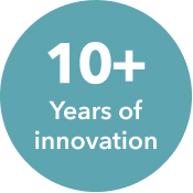 10+ years of innovation highlighted in a circular teal badge with bold white text.