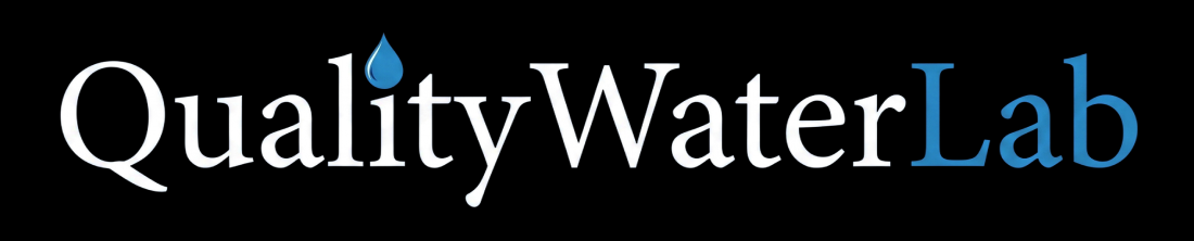 The logo for QualityWaterLab, featuring the brand name in white and blue text on a solid black background.