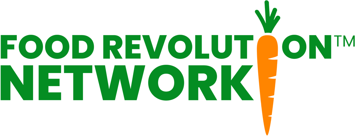 The logo for the Food Revolution Network, featuring the words 'FOOD REVOLUTION NETWORK' in bold green letters alongside an orange carrot with green leafy tops on a white background.