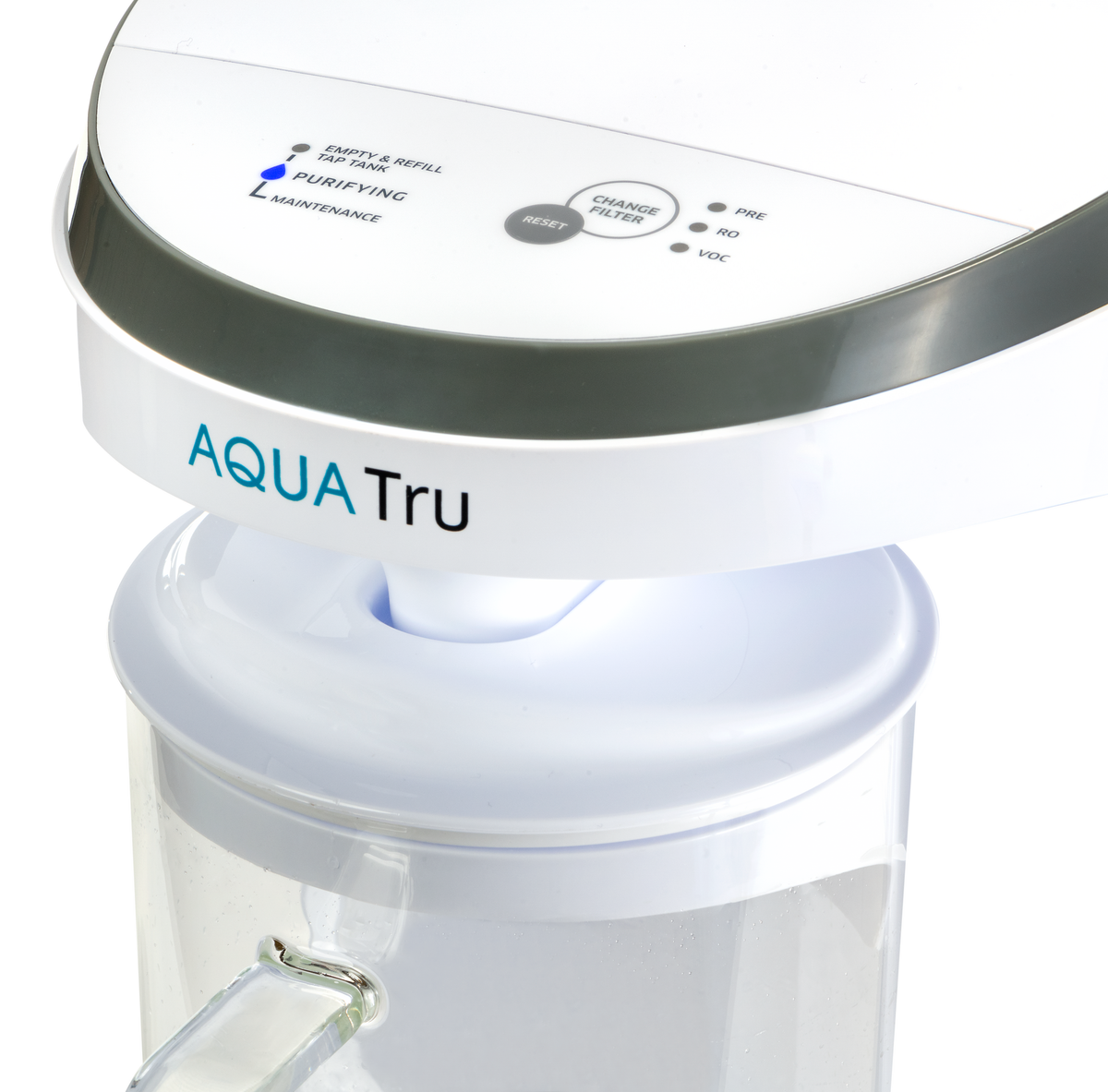 AQUATru carafe with a clear container and control panel for filter maintenance and purification settings.