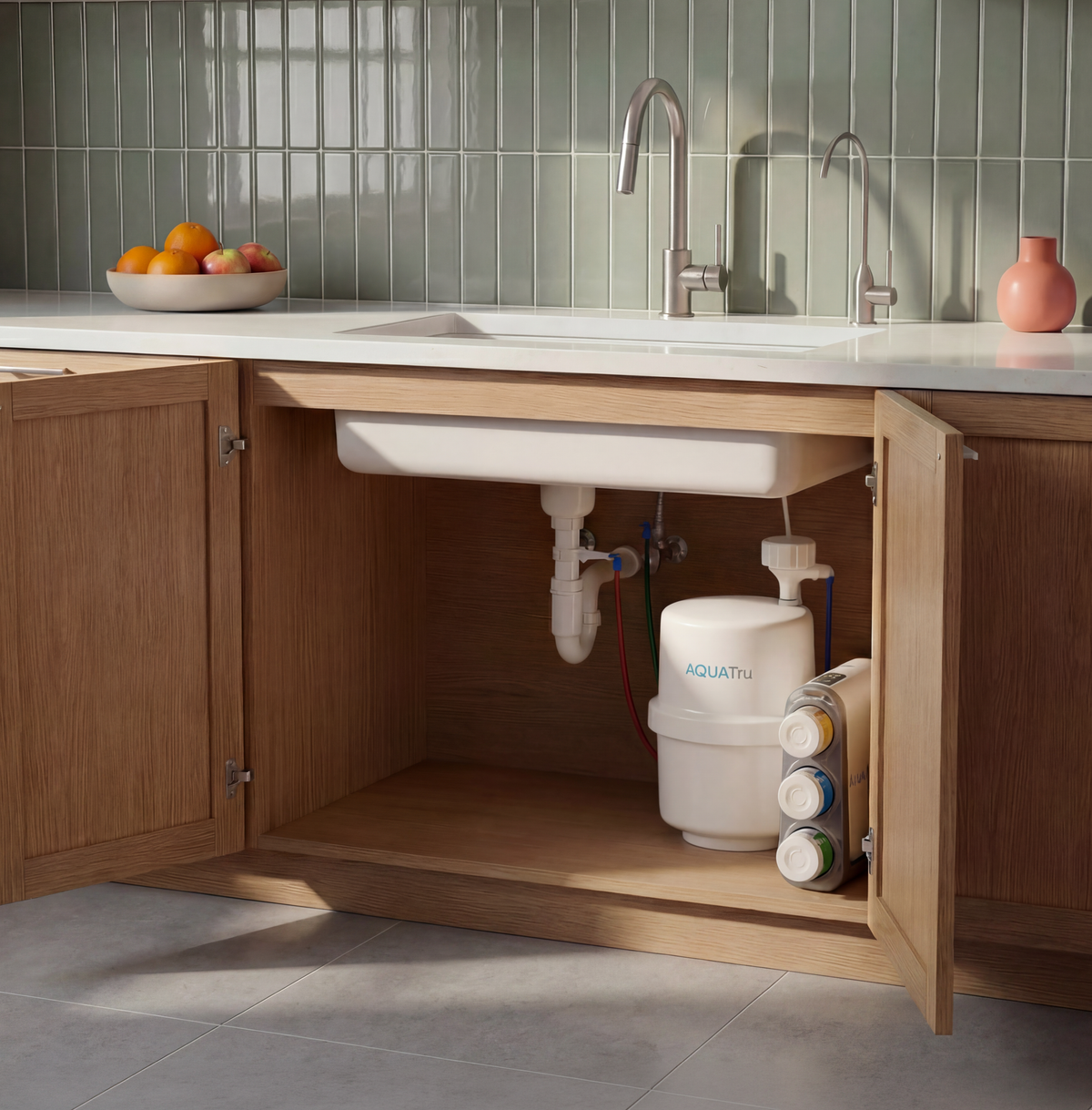 Under-sink water filtration system in a modern kitchen with wooden cabinetry and a sink, featuring a fruit bowl on the