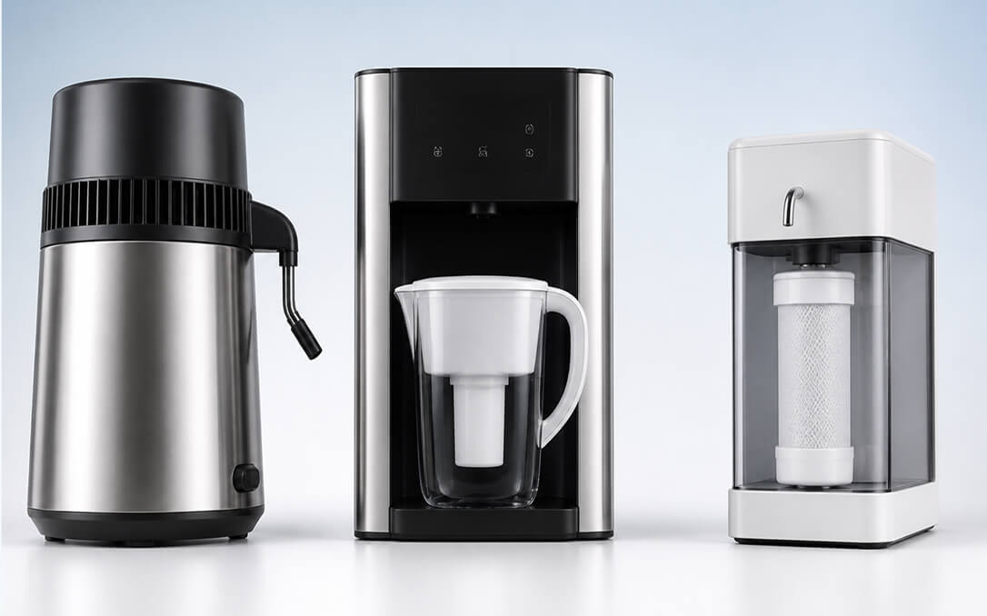 Three coffee makers in a row: a stainless steel kettle, a black coffee machine, and a white water filter.