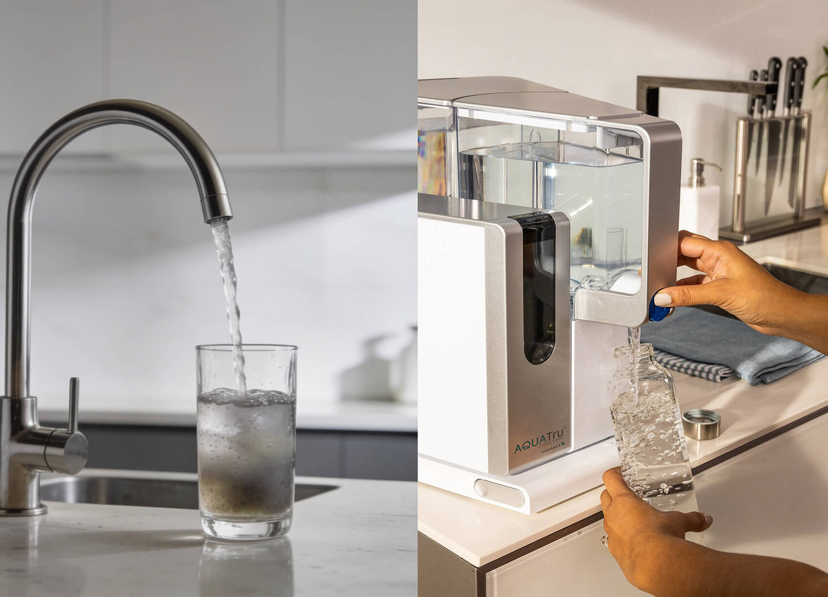 Water flows from a sleek faucet into a glass, while a hand fills a bottle from a modern water dispenser.
