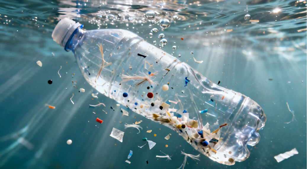 Plastic water bottle submerged in water, surrounded by various pieces of plastic debris and bubbles.