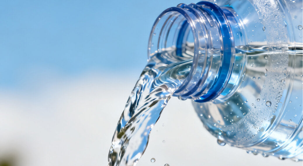 Water pouring from a plastic bottle against a blue sky background.