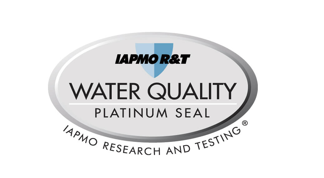 IAPMO R&T Water Quality Platinum Seal logo with a shield emblem and text indicating research and testing.