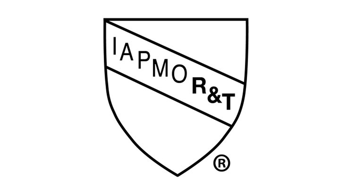 IAPMO R&T logo featuring a shield with diagonal stripes and the letters IAPMO R&T.