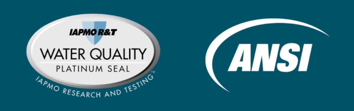 IAPMO R&T Water Quality Platinum Seal next to ANSI logo on a teal background.