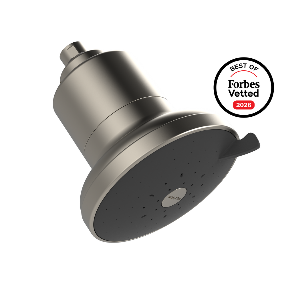 AquaTru Shower in Brushed Nickel with a sticker that reads "Best Of Forbes Vetted 2026". 
