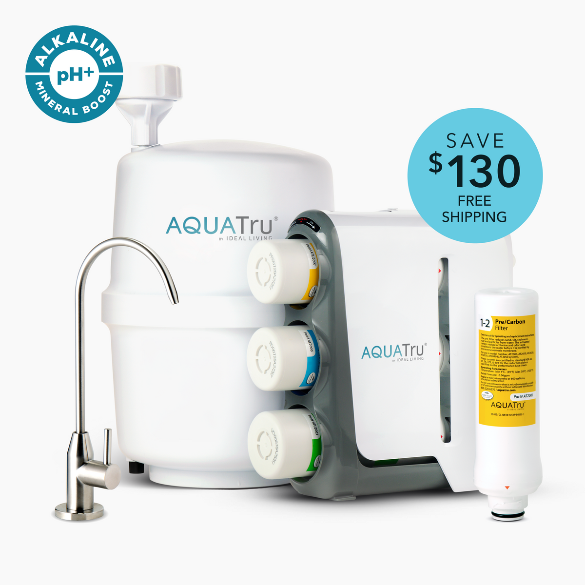 AquaTru Under Sink water purifier bundle with pre/carbon filter, includes faucet and mineral boost feature.