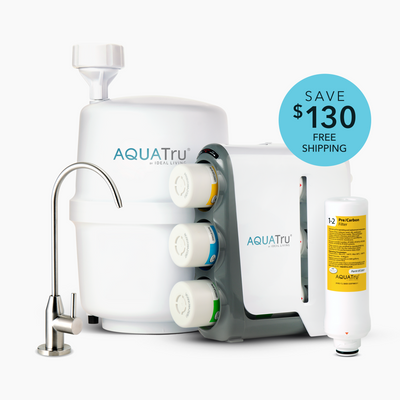 AquaTru Under Sink water purifier bundle with Classic Pre/Carbon Filter, includes faucet and filters. Save $130, free