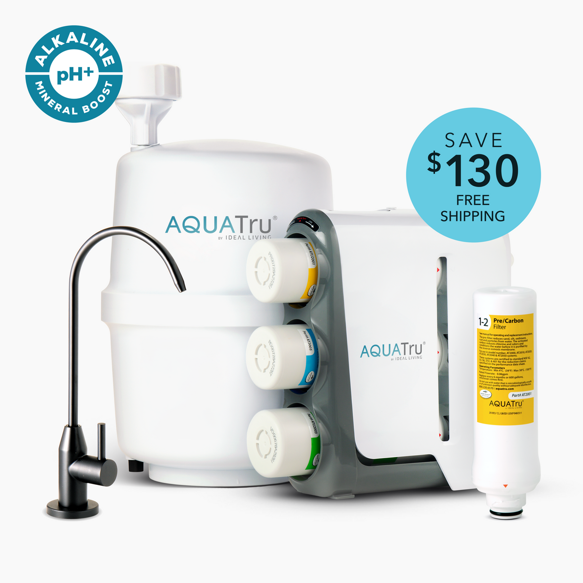 AquaTru Under Sink water purifier bundle with pre/carbon filter, includes faucet and mineral boost feature.