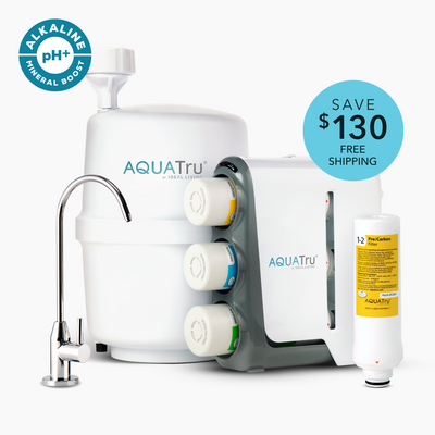 AquaTru Under Sink water purifier bundle with Classic Pre/Carbon Filter, includes faucet and mineral boost feature.