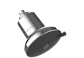 Shiny chrome showerhead with a round face and multiple water holes, featuring a side lever for adjustment.
