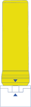 A tall yellow cylinder above a white base, representing a Pre Carbon  filter that removes sediment and chlorine from water.