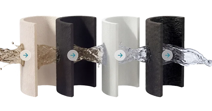 Four curved surfaces in different colors with water flowing through each, showcasing a water filtration system.