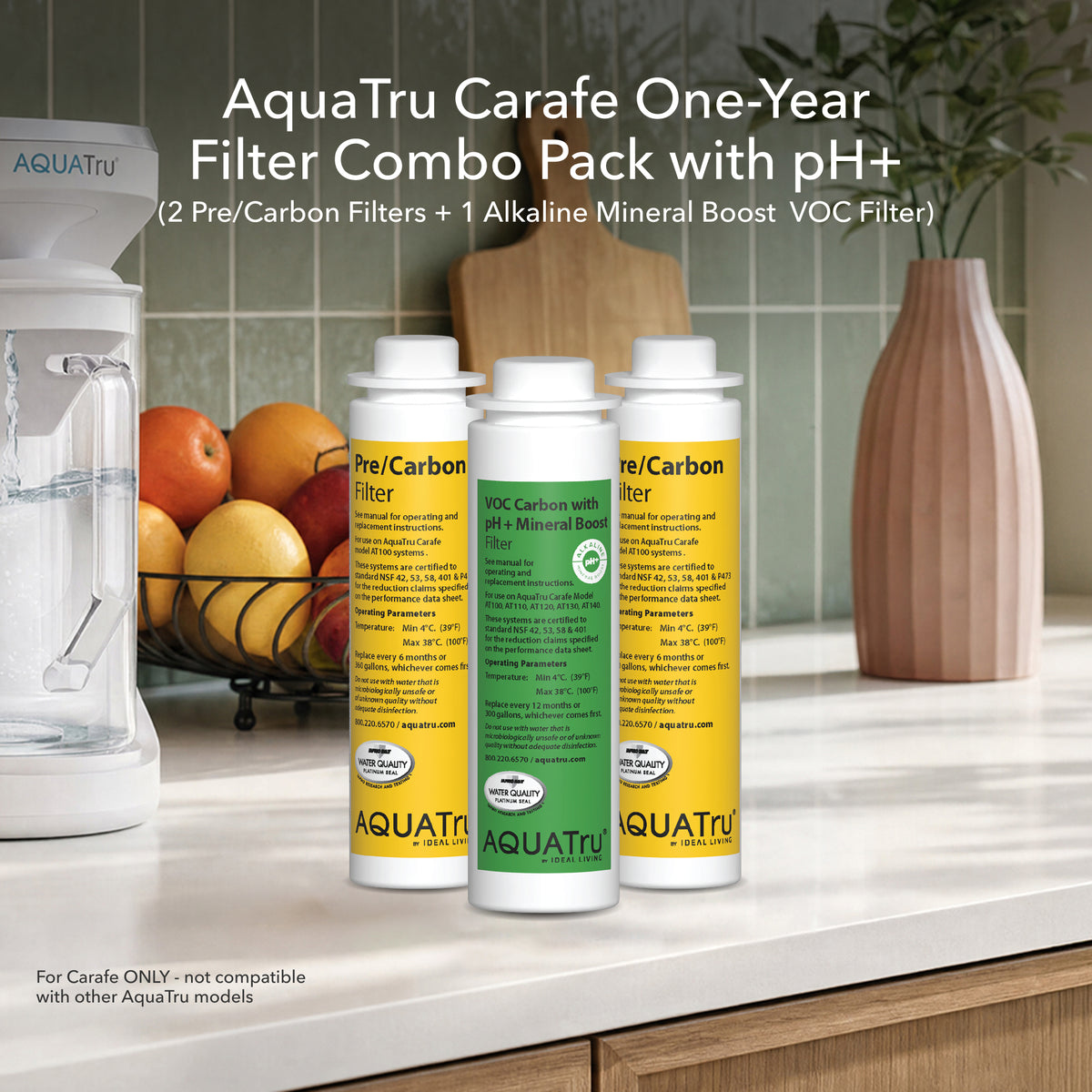 AquaTru carafe one-year filter combo pack featuring two pre/carbon filters and one alkaline mineral boost VOC filter.