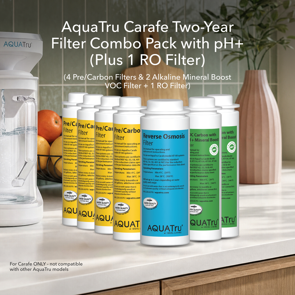 Carafe ONLY Two-Year Filter Mineral Boost Alkaline Combo Pack with four filters and one RO filter.