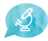A turquoise speech bubble icon with a watercolor texture containing a white line-art graphic of a scientific microscope.