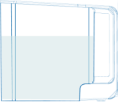 A blue line-art diagram of a water pitcher carafe or reservoir tank with a handle, filled halfway with water.