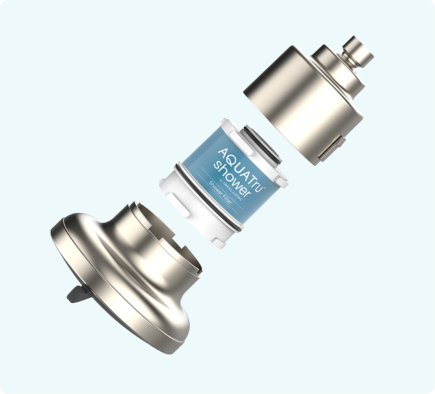 AquaTiv shower head component, featuring a detachable filter cartridge and metallic base.