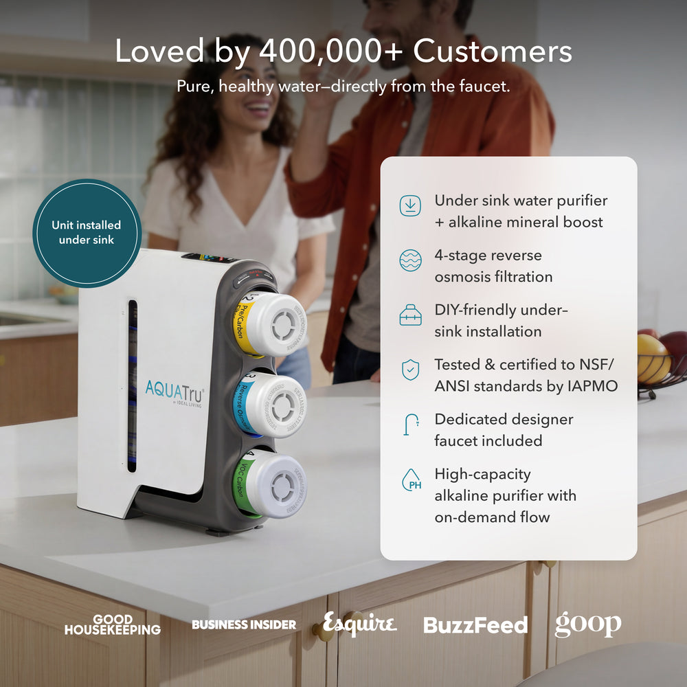 AquaTru Under-Sink Gen 2 Alkaline water purifier features a sleek white unit on a counter showing its three filtration cartridges. Headline text states, "Loved by 400,000+ Customers. Pure, healthy water—directly from the faucet." A checklist details its 4-stage reverse osmosis, alkaline boost, DIY installation, IAPMO certification, designer faucet, and high capacity alongside top media trust badges.