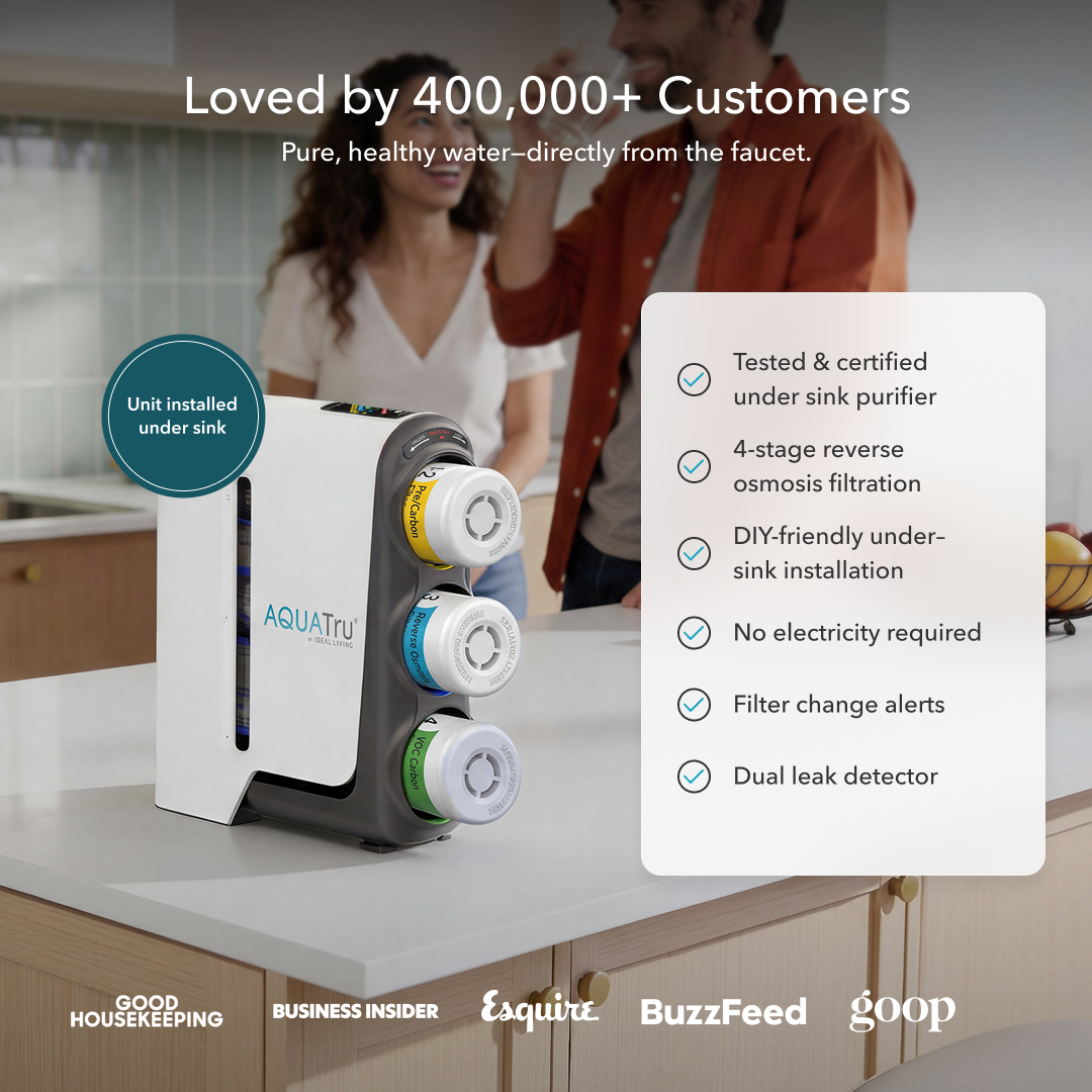 AquaTru Under-Sink Gen 2 water purifier features a sleek white unit on a counter showing its three filtration cartridges. Headline text states, "Loved by 400,000+ Customers. Pure, healthy water—directly from the faucet." A checklist details its 4-stage reverse osmosis, alkaline boost, DIY installation, IAPMO certification, designer faucet, and high capacity alongside top media trust badges.