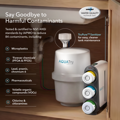  AquaTru Under-Sink Gen 2 purifier installed inside a wooden cabinet with its storage tank. Text highlights "Say Goodbye to Harmful Contaminants," listing microplastics, PFAS, and lead. Key features include an IAPMO Water Quality Platinum Seal and TruPure Sanitizer for maintenance.
