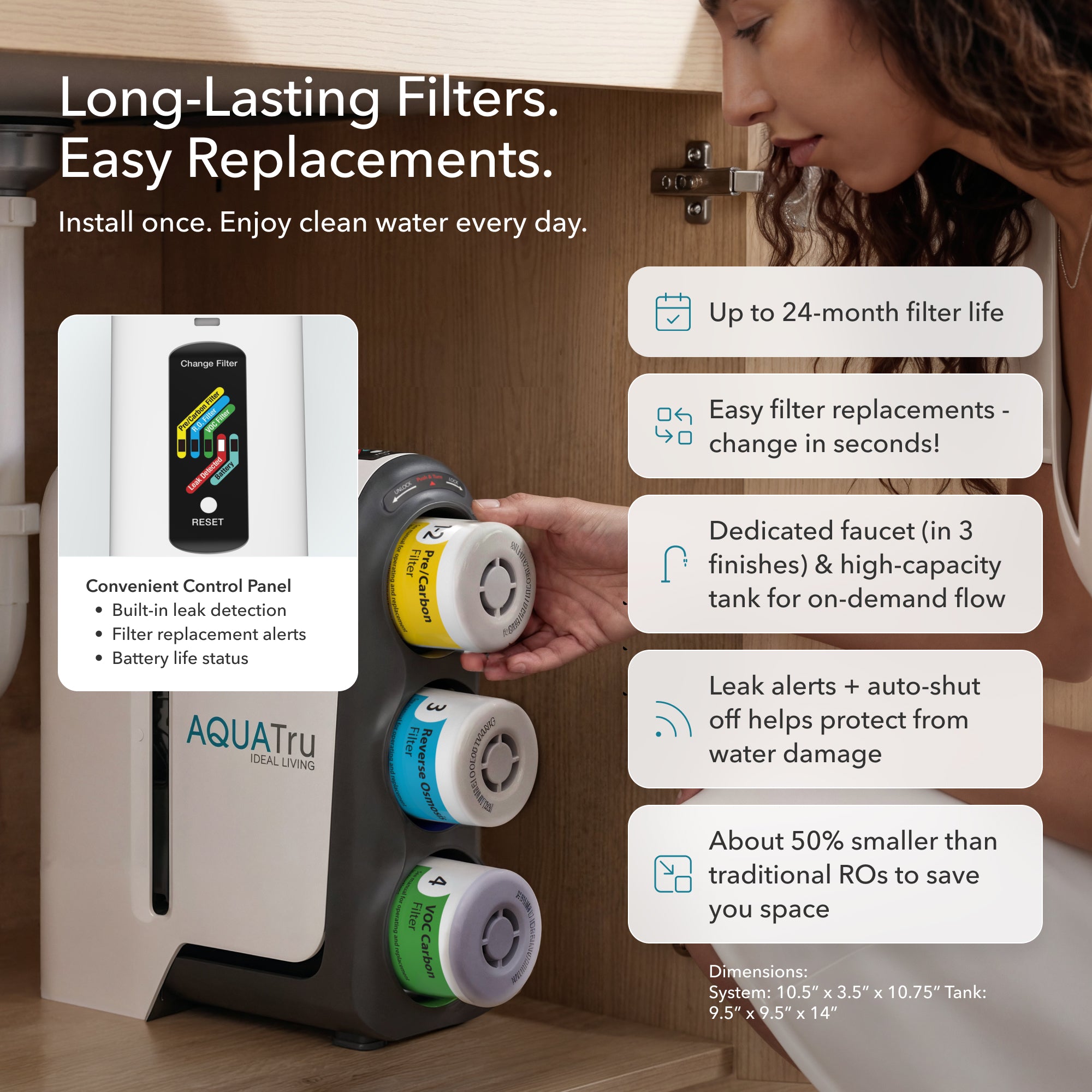  AquaTru Under-Sink Gen 2purifier showing quick filter replacement inside a cabinet. Text highlights a 24-month lifespan, a dedicated faucet, leak alerts, space-saving design, and a digital control panel.