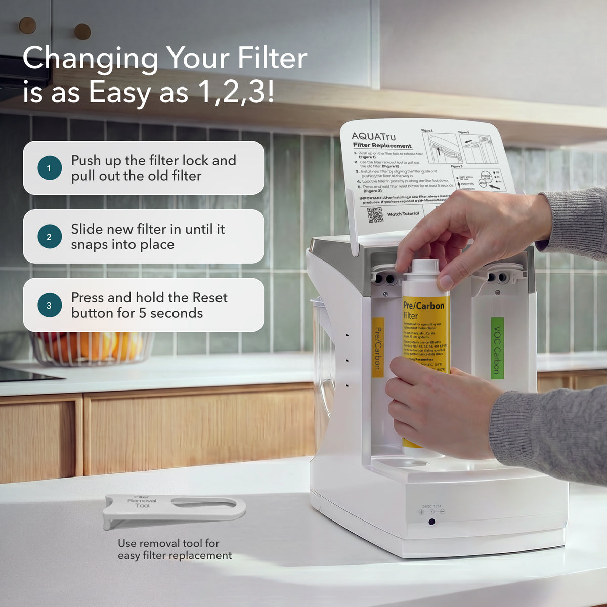 Carafe ONLY Pre/Carbon Filter with easy filter replacement instructions in a modern kitchen setting.