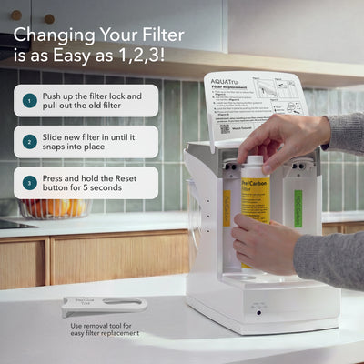 Carafe ONLY Pre/Carbon Filter with easy filter replacement instructions in a modern kitchen setting.