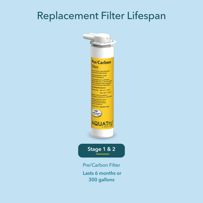 Pre/Carbon Filter for carafe, lasts 6 months or 300 gallons, yellow packaging with detailed lifespan information.