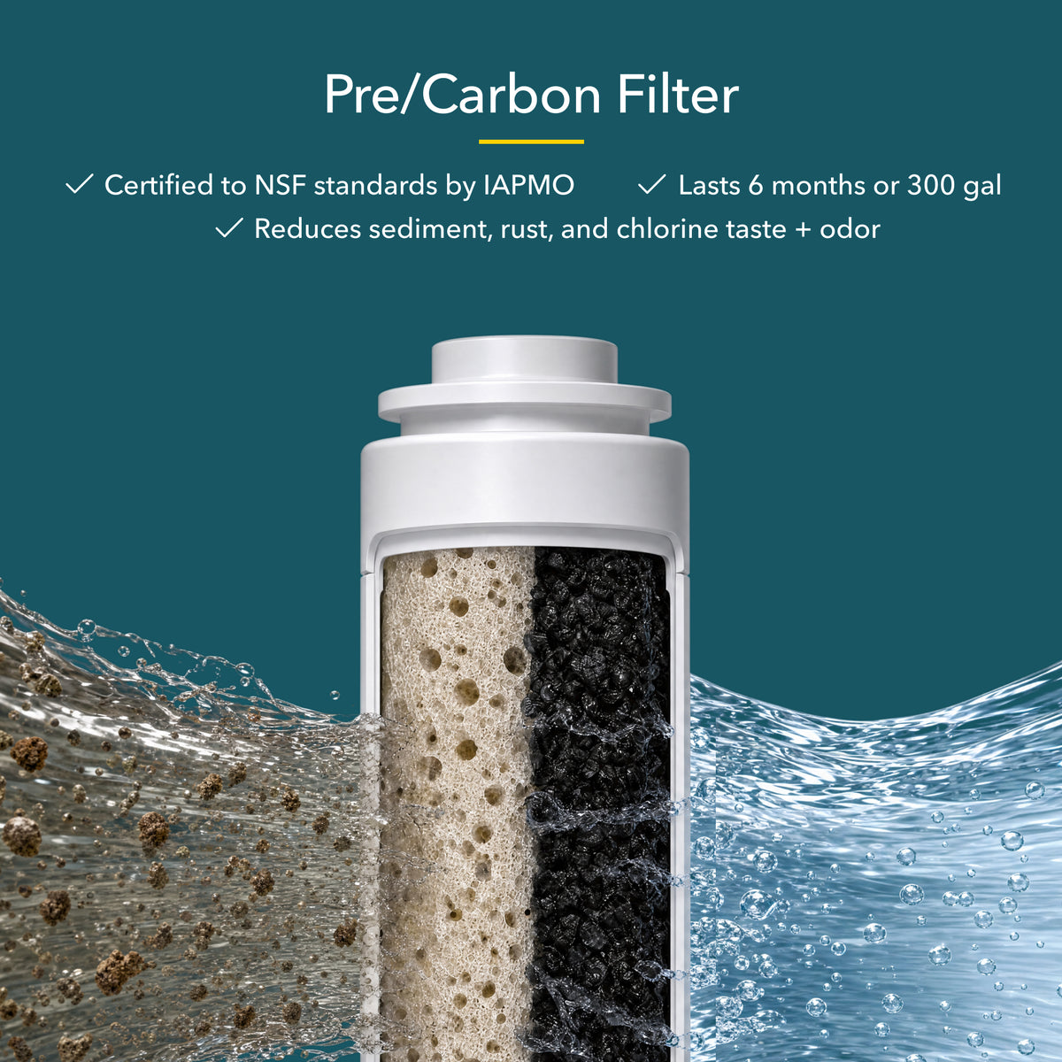 Pre/Carbon Filter reduces sediment, rust, and chlorine taste; lasts 6 months or 300 gallons.