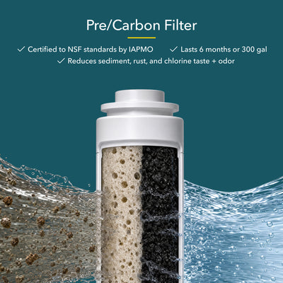 Pre/Carbon Filter reduces sediment, rust, and chlorine taste; lasts 6 months or 300 gallons.
