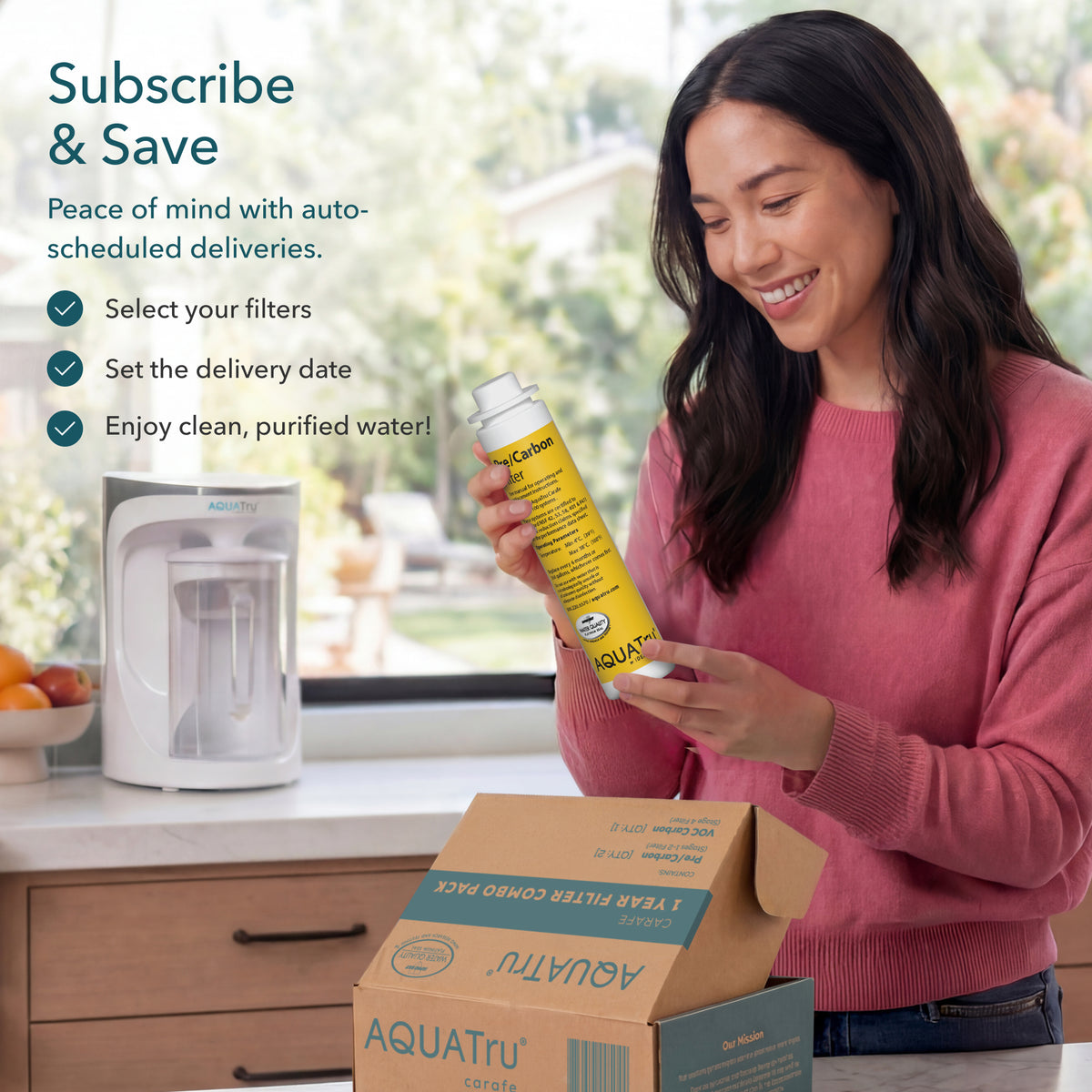 Carafe ONLY Pre/Carbon Filter with a woman holding a filter and a box in a kitchen setting.