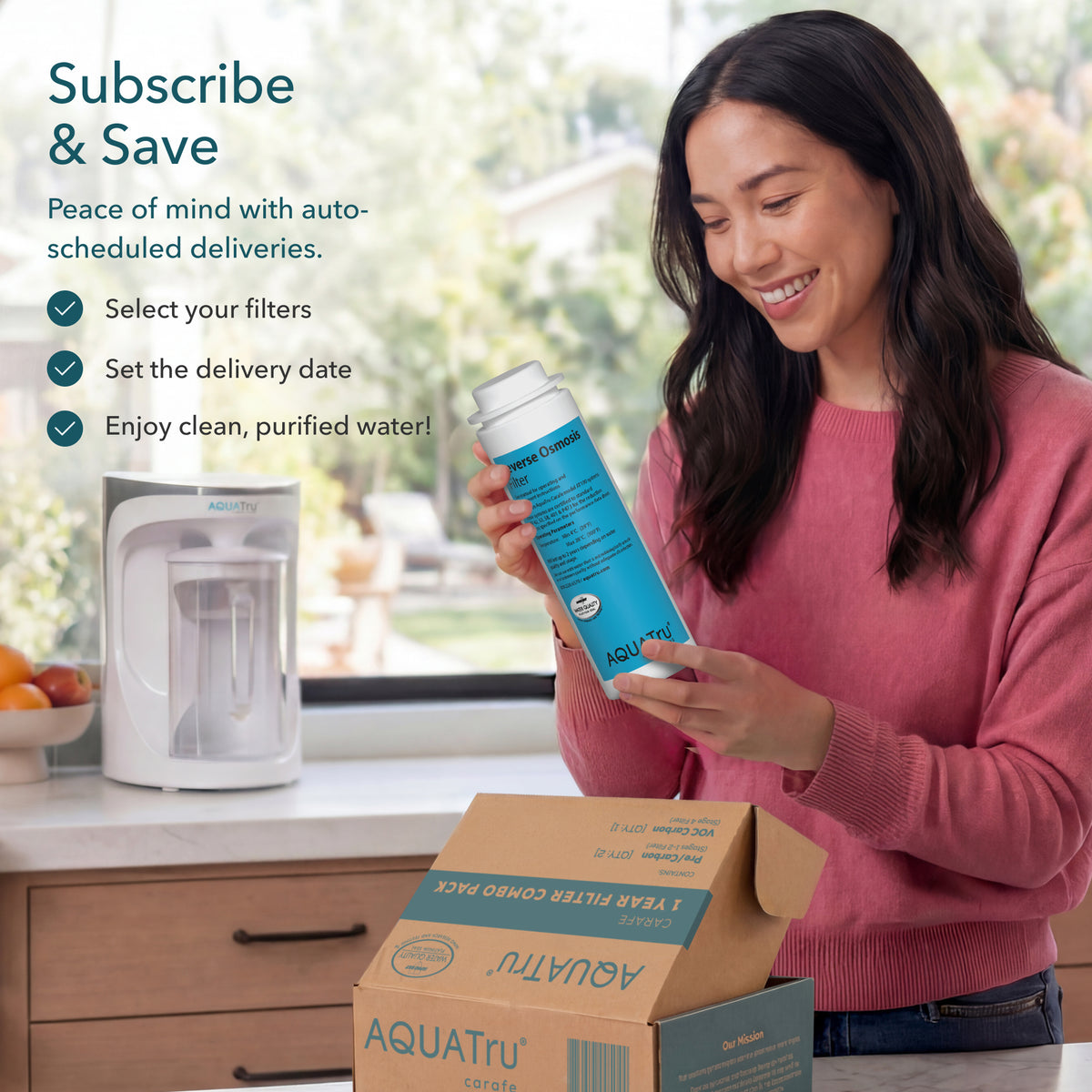 Carafe ONLY Reverse Osmosis Filter with a woman holding a filter next to a box and water filtration system.