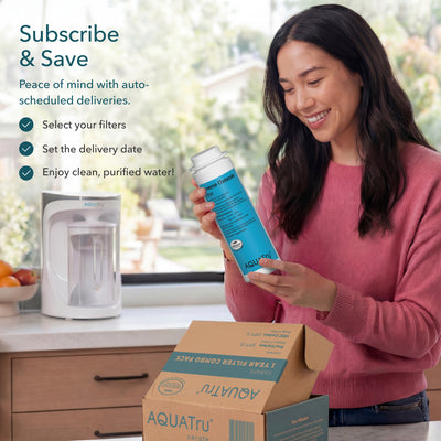 Carafe ONLY Reverse Osmosis Filter with a woman holding a filter next to a box and water filtration system.