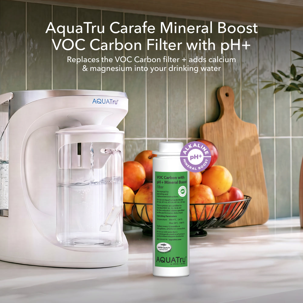 Carafe ONLY Mineral Boost Alkaline VOC Filter enhances drinking water with calcium and magnesium.