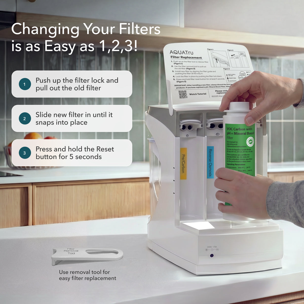AQUAtru filter system with instructions for changing filters, showing filter lock, new filter, and reset button.