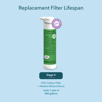 VOC Carbon Filter with pH+ Mineral Boost, labeled for replacement lifespan of 1 year or 300 gallons.