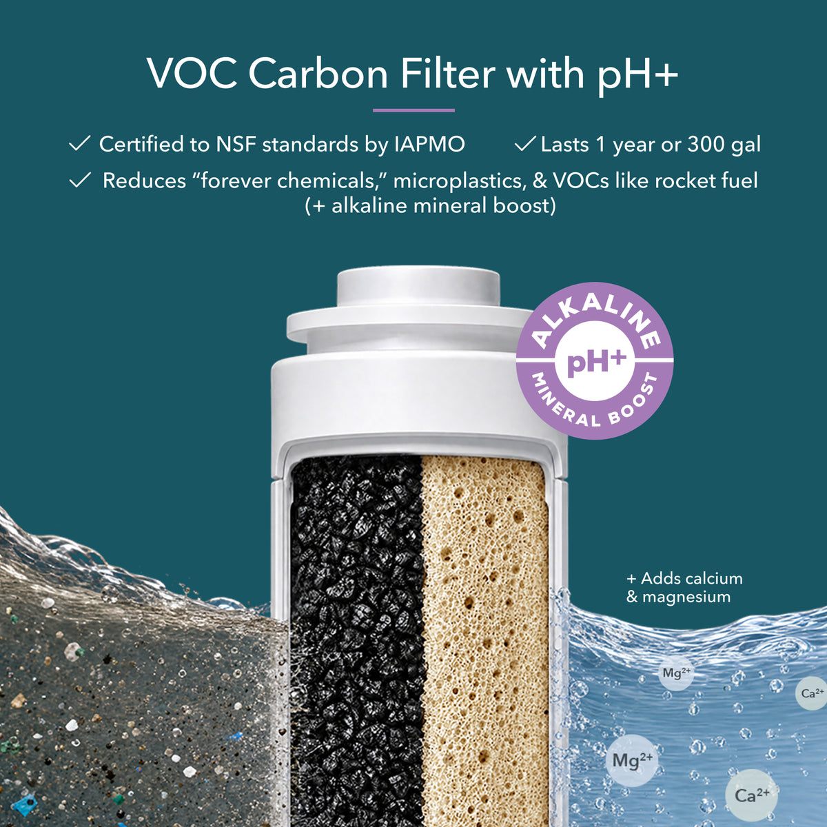 VOC carbon filter with pH+ mineral boost, showcasing layers of filtration and benefits like added calcium and magnesium.