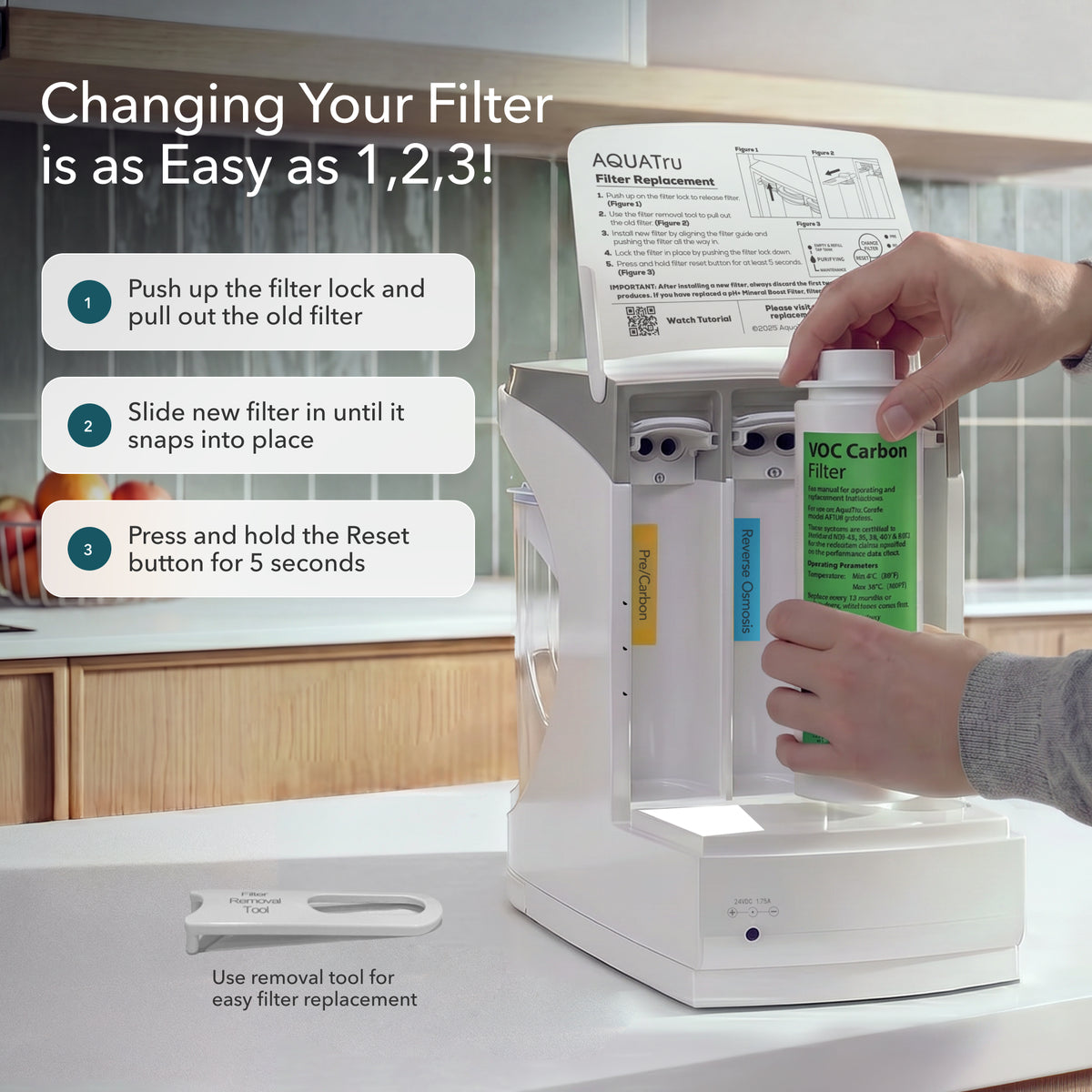 Carafe ONLY VOC Carbon Filter for easy filter replacement and maintenance.