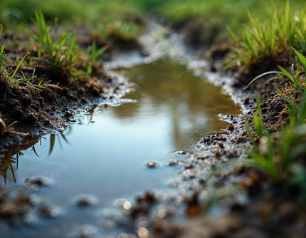 Puddle in a grassy area with water reflecting the surroundings